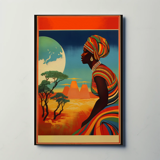 African Woman Desert Moon Landscape Travel Poster