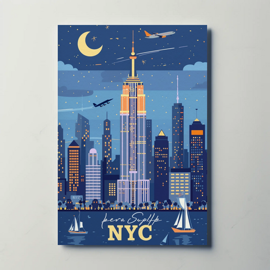 New York City Skyline at Night Vintage Poster