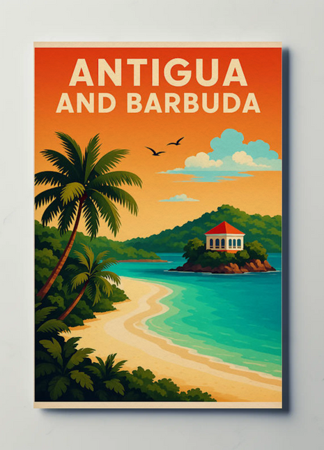 Antigua And Barbuda Caribbean Beach Sunset Travel Poster