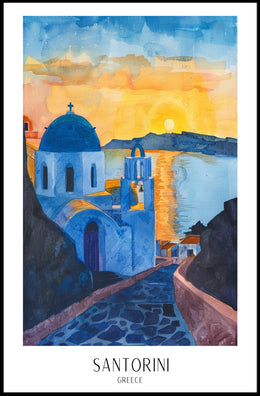 Santorini Sunset Watercolor Travel Poster PosterGoat