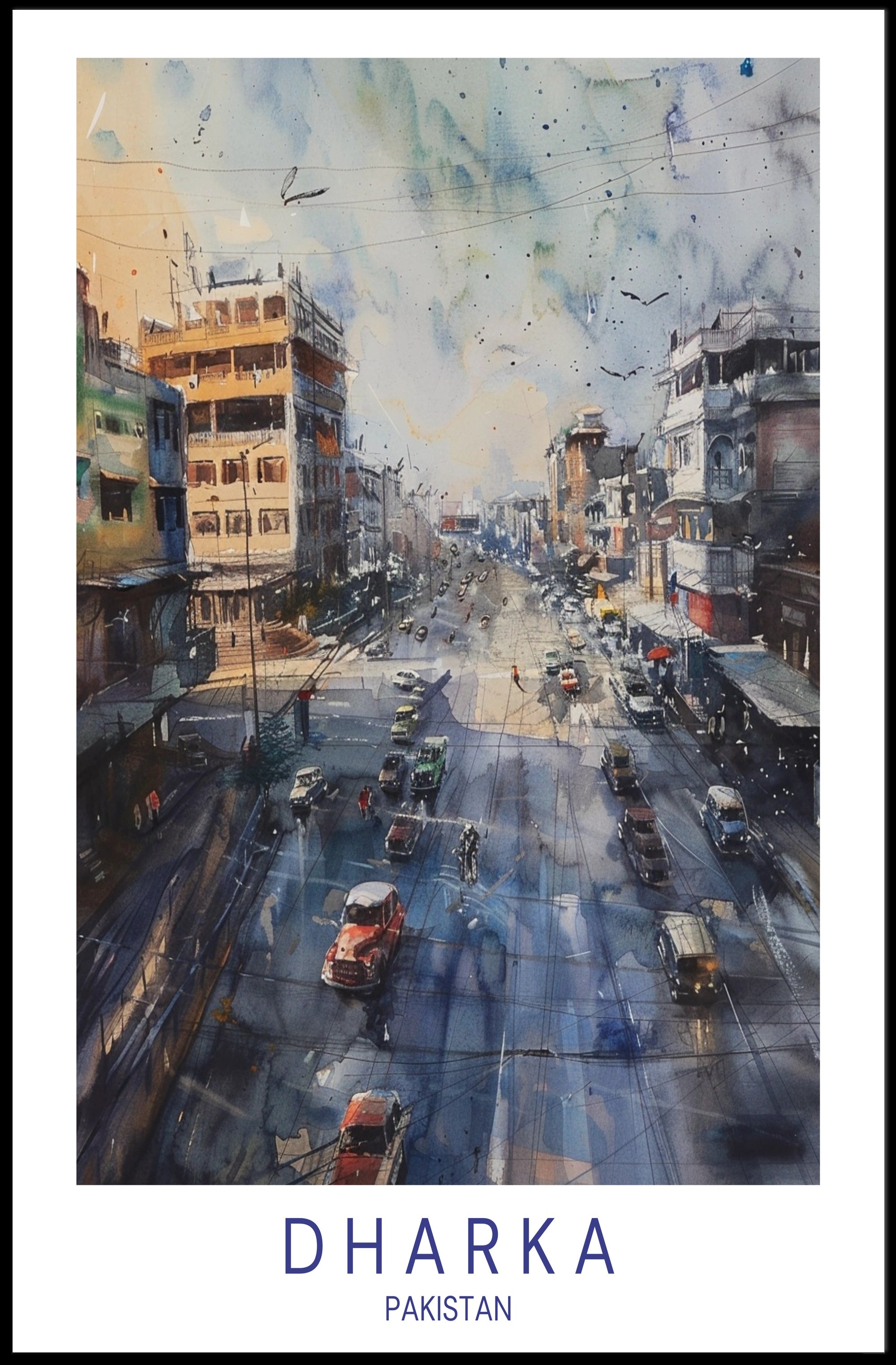 Urban Street Scene Watercolor Poster in Cityscape Category PosterGoat