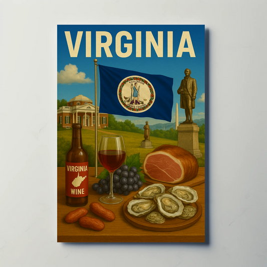 Virginia Wine Ham Monuments Flag Oysters Travel Poster