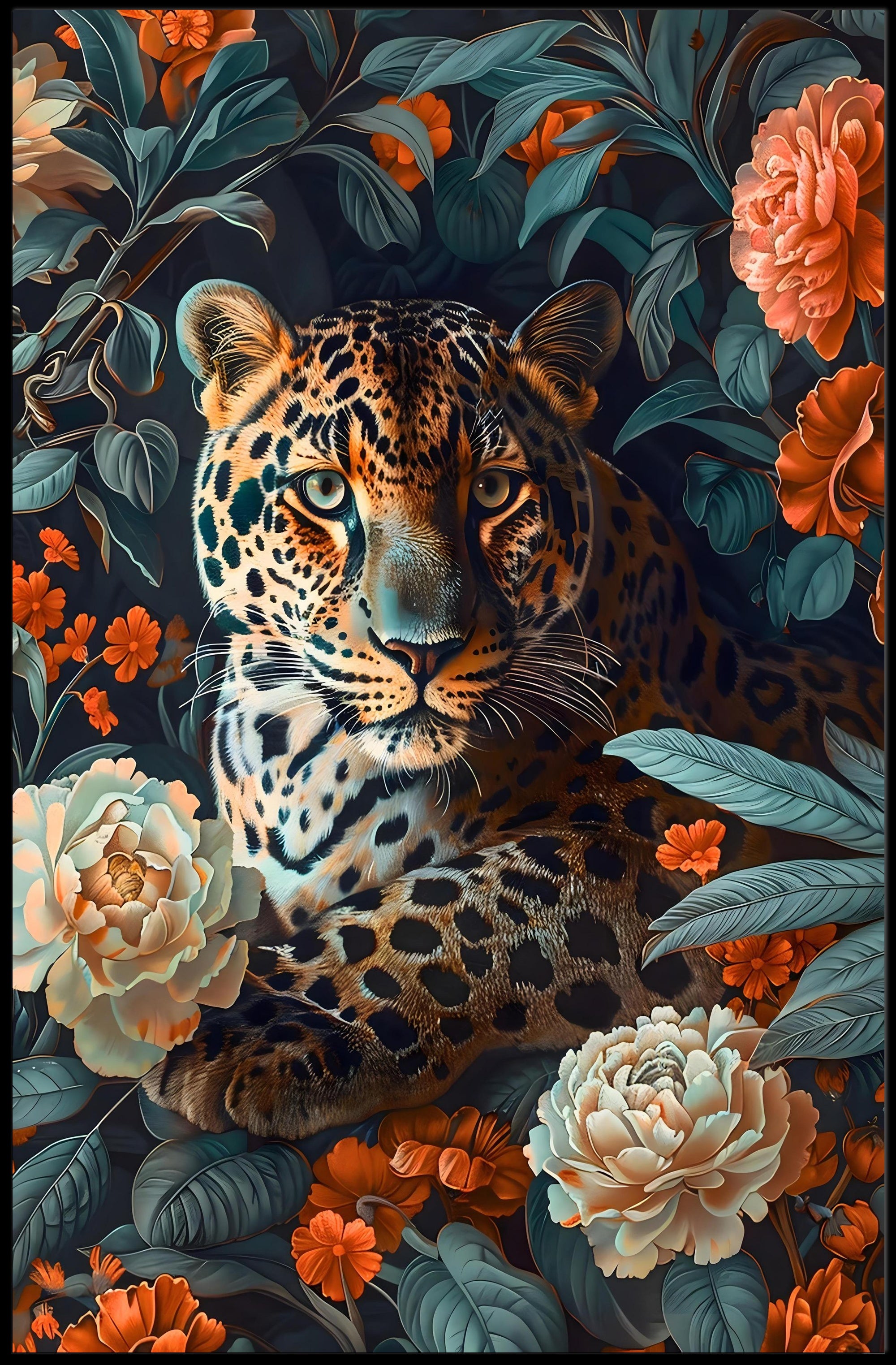 Majestic Leopard Floral Wall Art Print