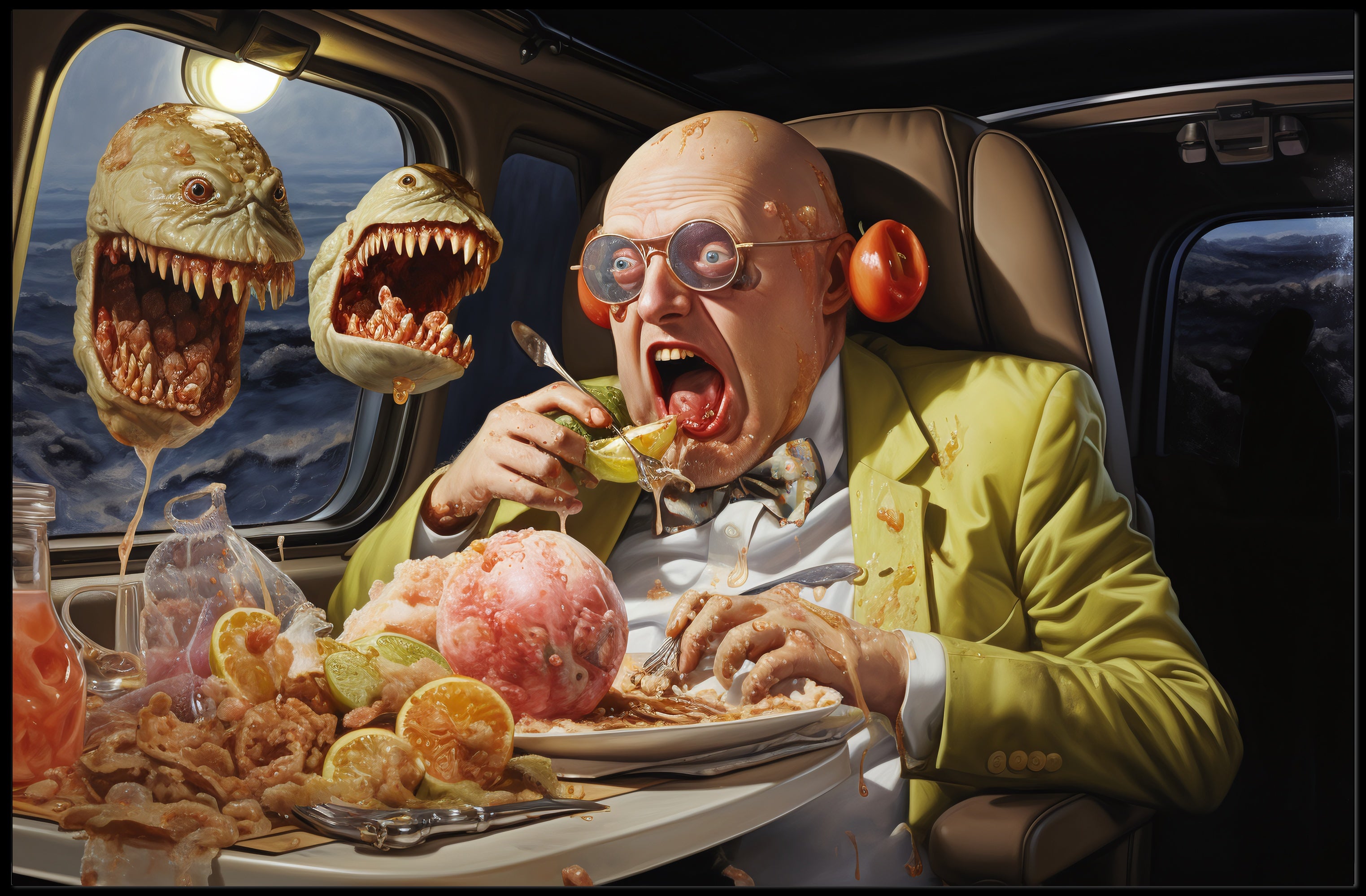 Surreal Dining Scene in a Plane - Artistic Poster