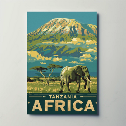 Tanzania Africa Elephant Kilimanjaro Safari Vintage Travel Poster