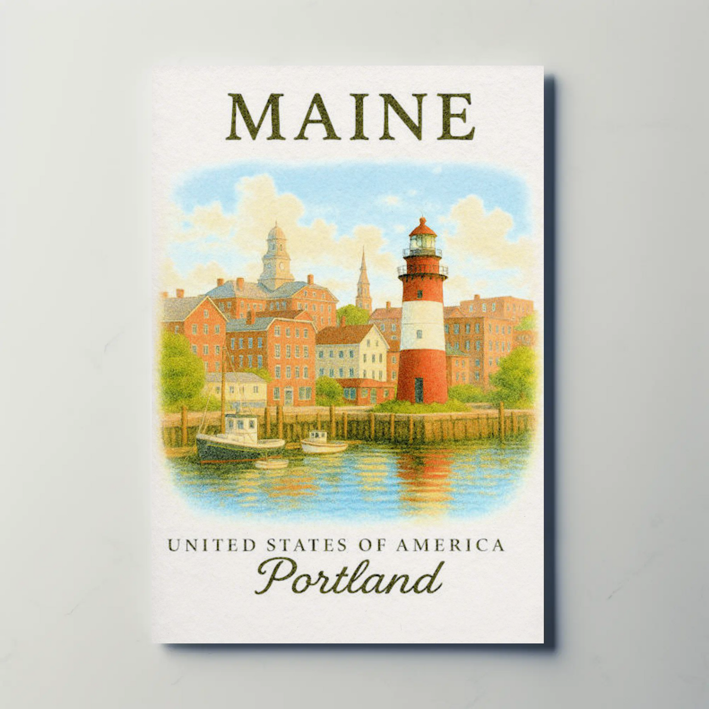Portland Maine Historic Lighthouse Waterfront Scene Poster