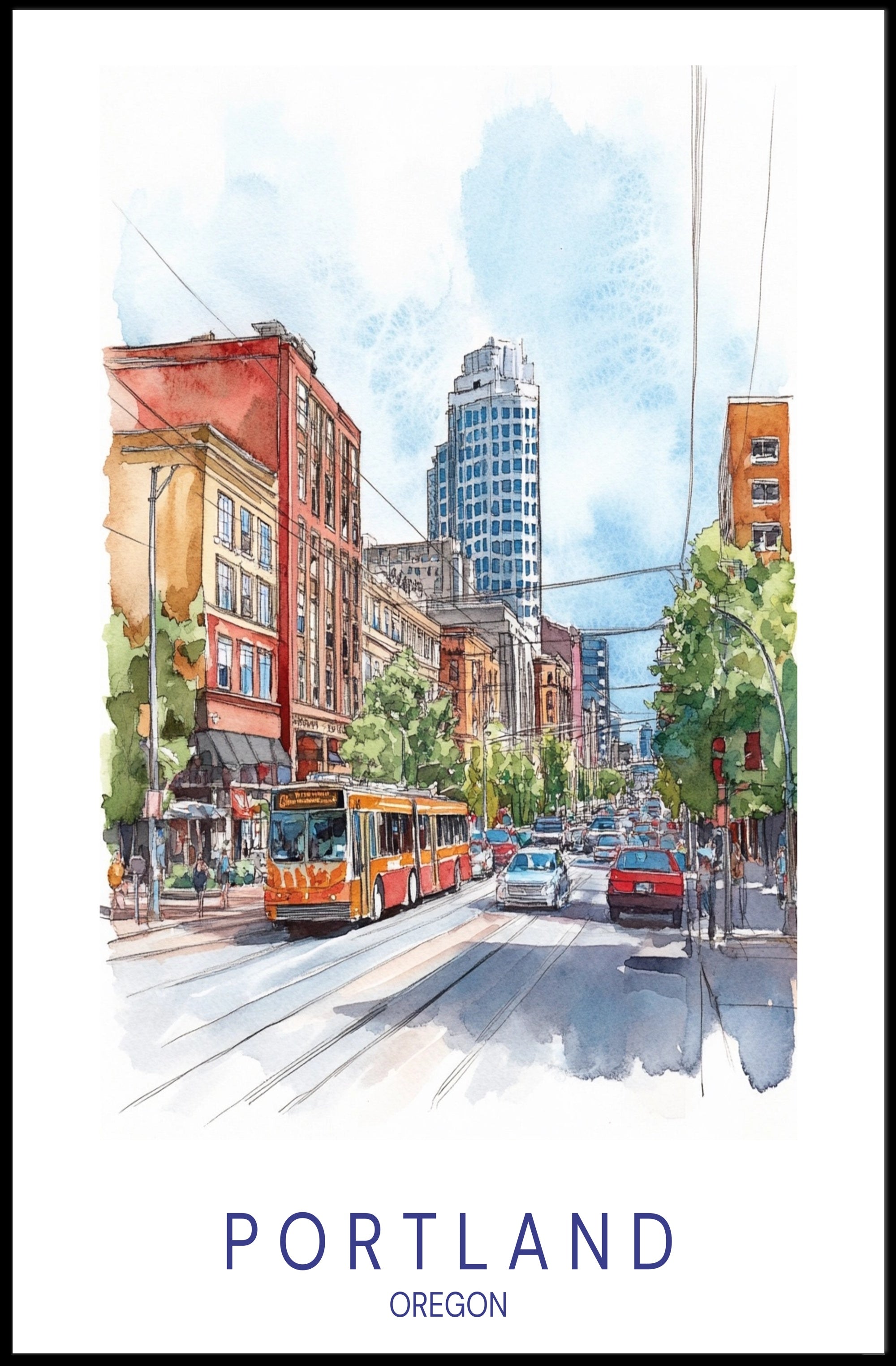 Portland Urban Watercolor Scene Poster - Urban or Cityscape Poster PosterGoat