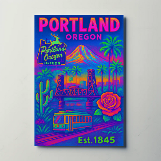 Portland Oregon Rose Bridge Mountain Vintage Travel Poster