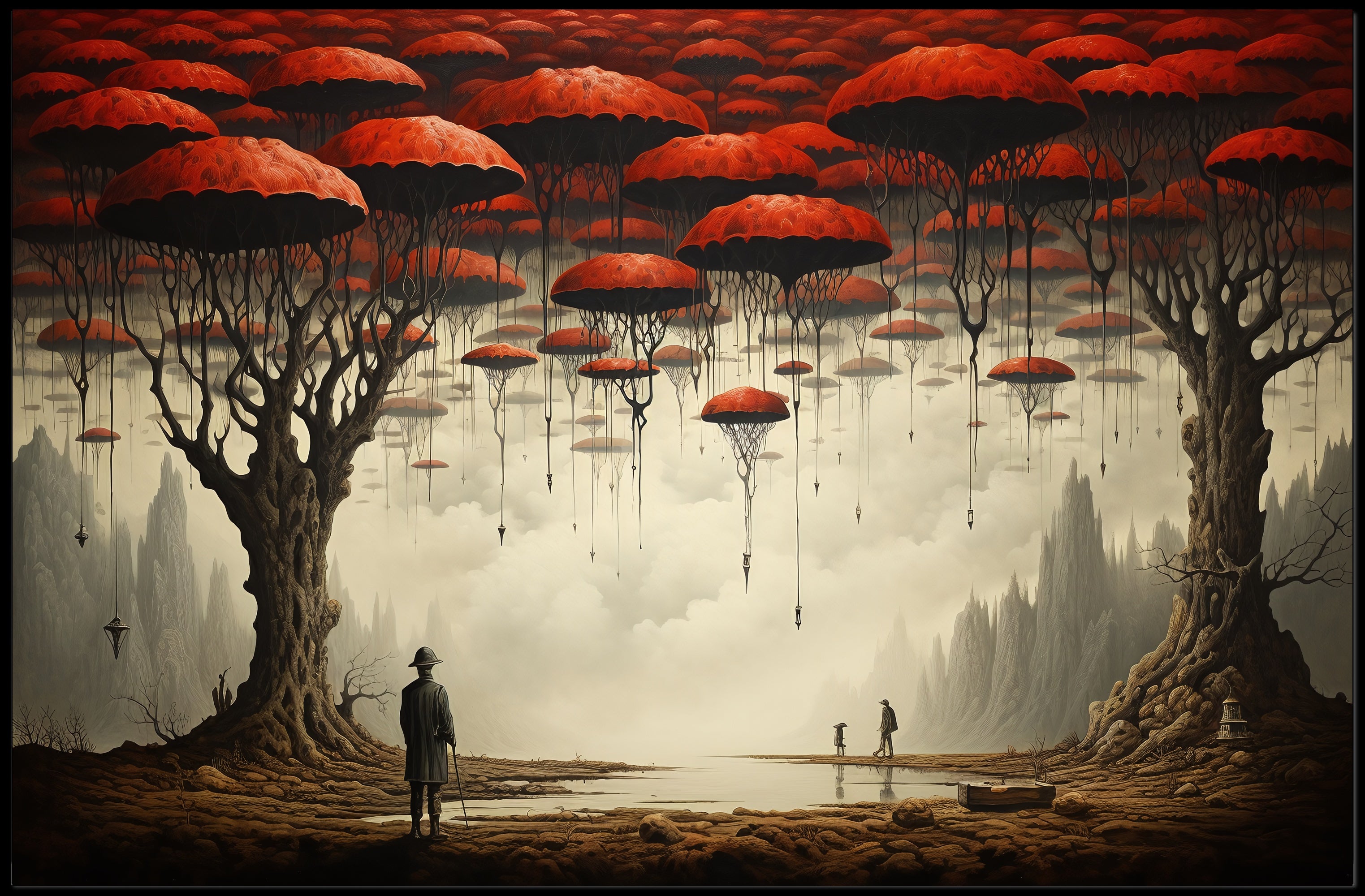 Surreal Dreamscape with Red Trees: Fantasy or Mythology Poster