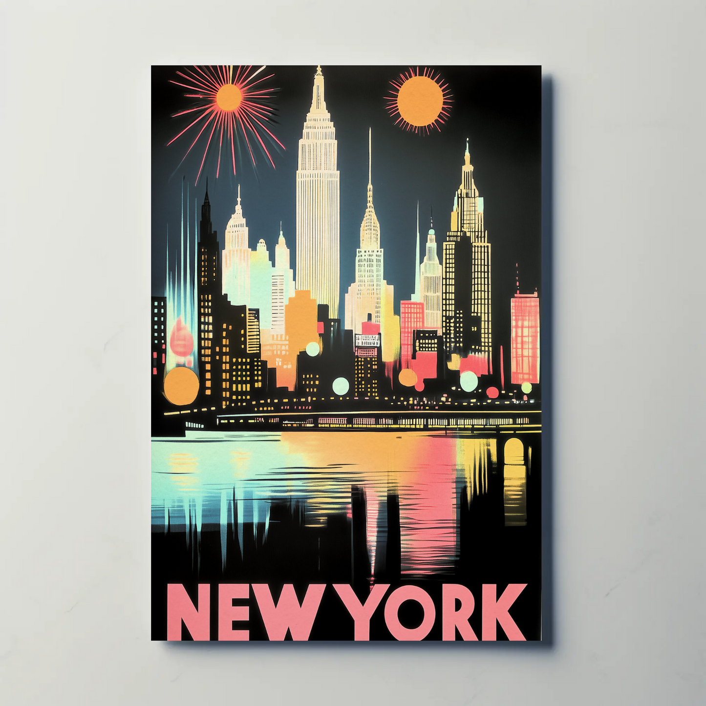 New York Night Skyline Neon Glow Lights Poster
