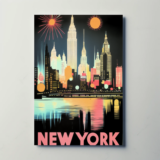 New York Night Skyline Neon Glow Lights Poster