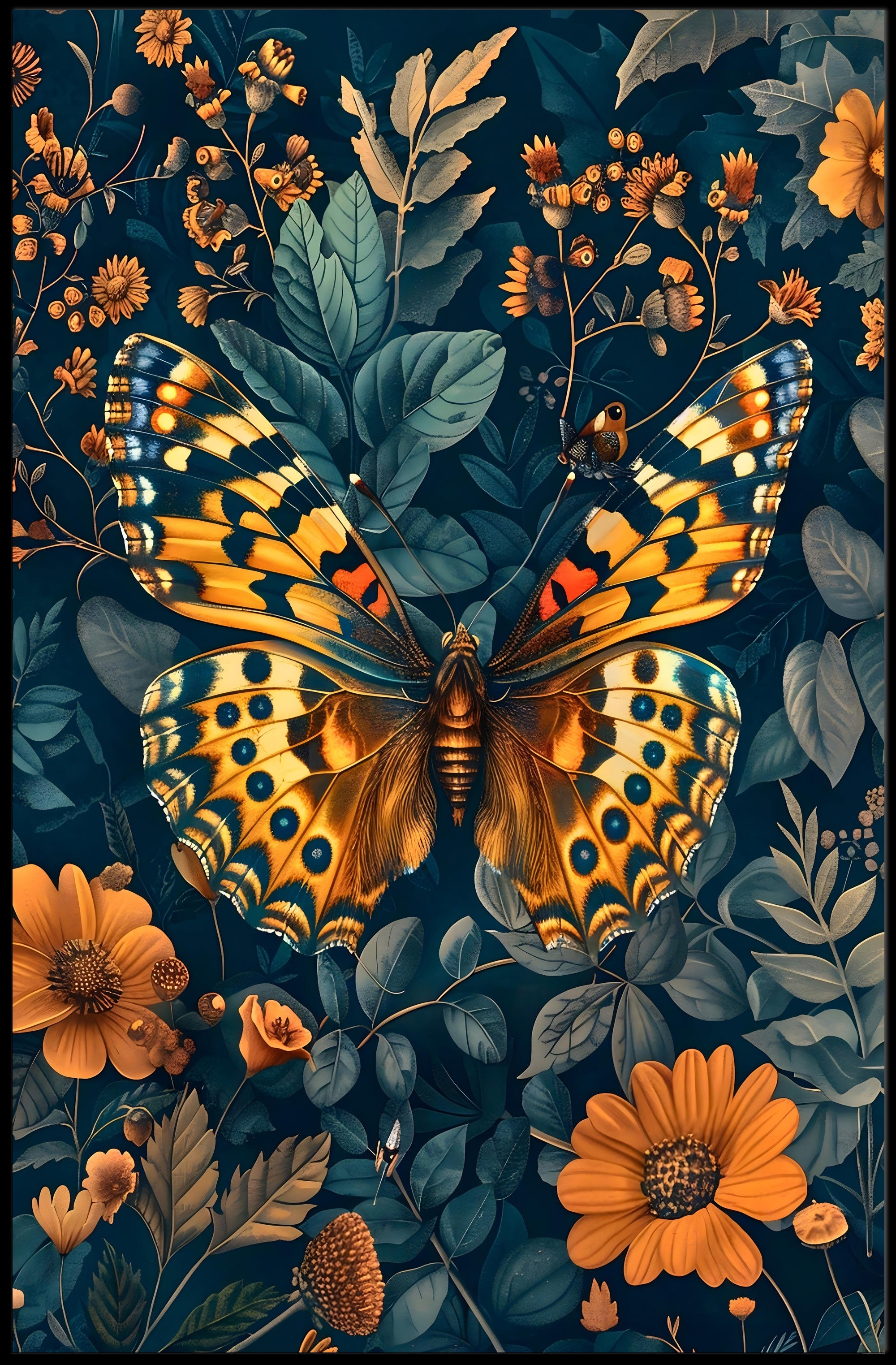 Vibrant Butterfly and Flowers Illustrated Animal Poster