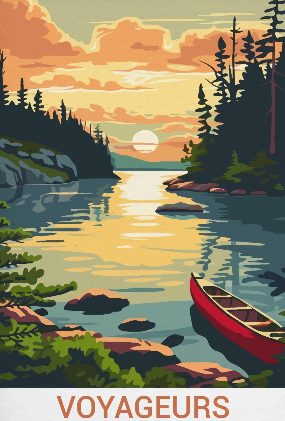 Voyageurs National Park Minnesota Canoe Travel Poster features a serene sunset over a reflective lake with a canoe, vintage outdoor artwork.