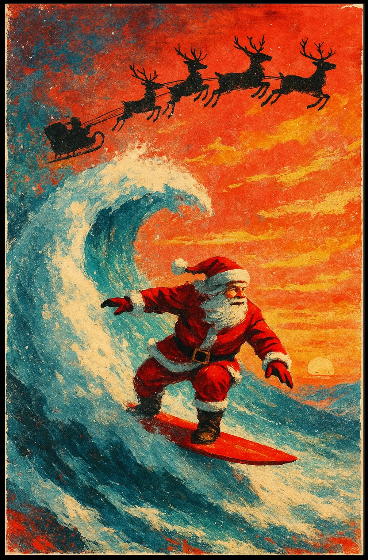 Santa Surfing Christmas Wave Vintage Poster