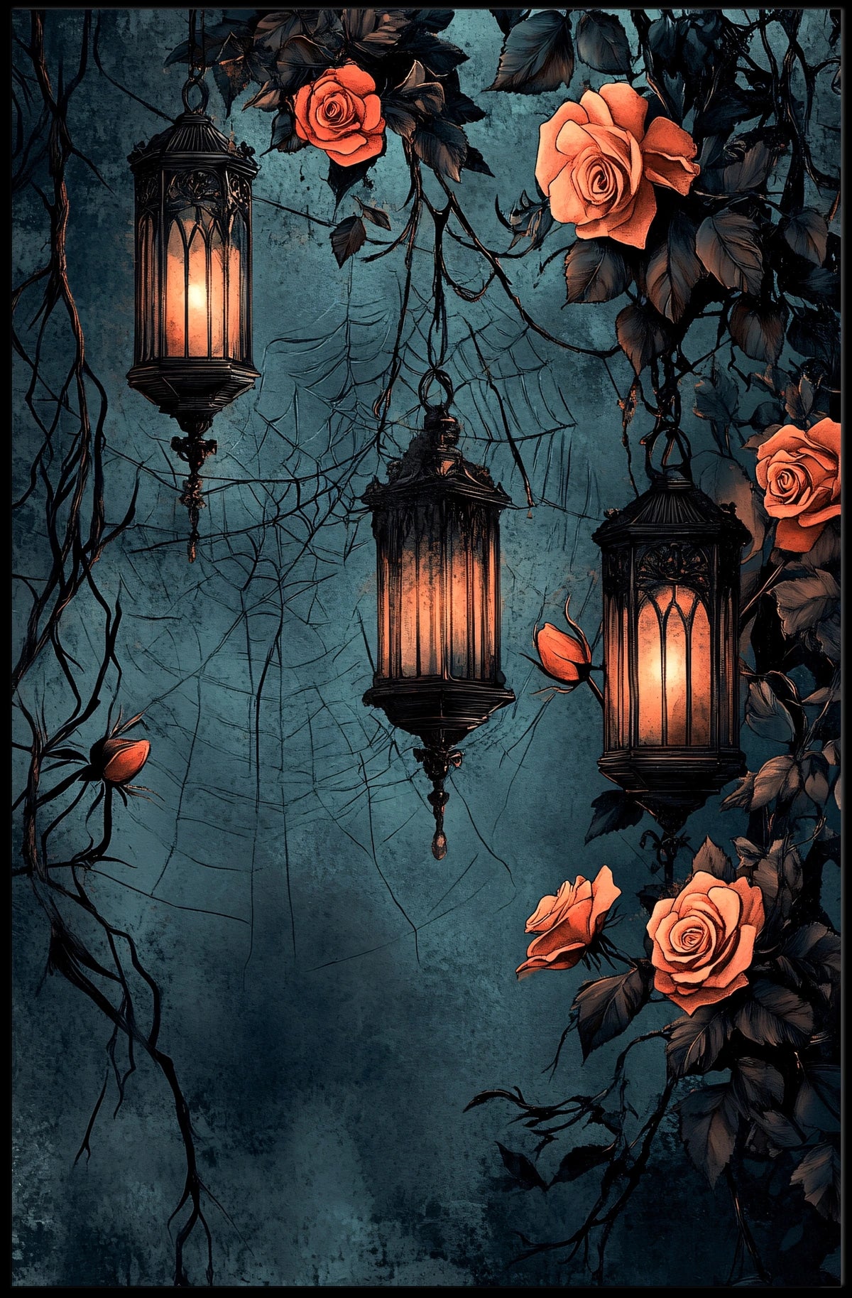 The poster displays a gothic and romantic theme. Three ornately designed lanterns emit Travel Poster
