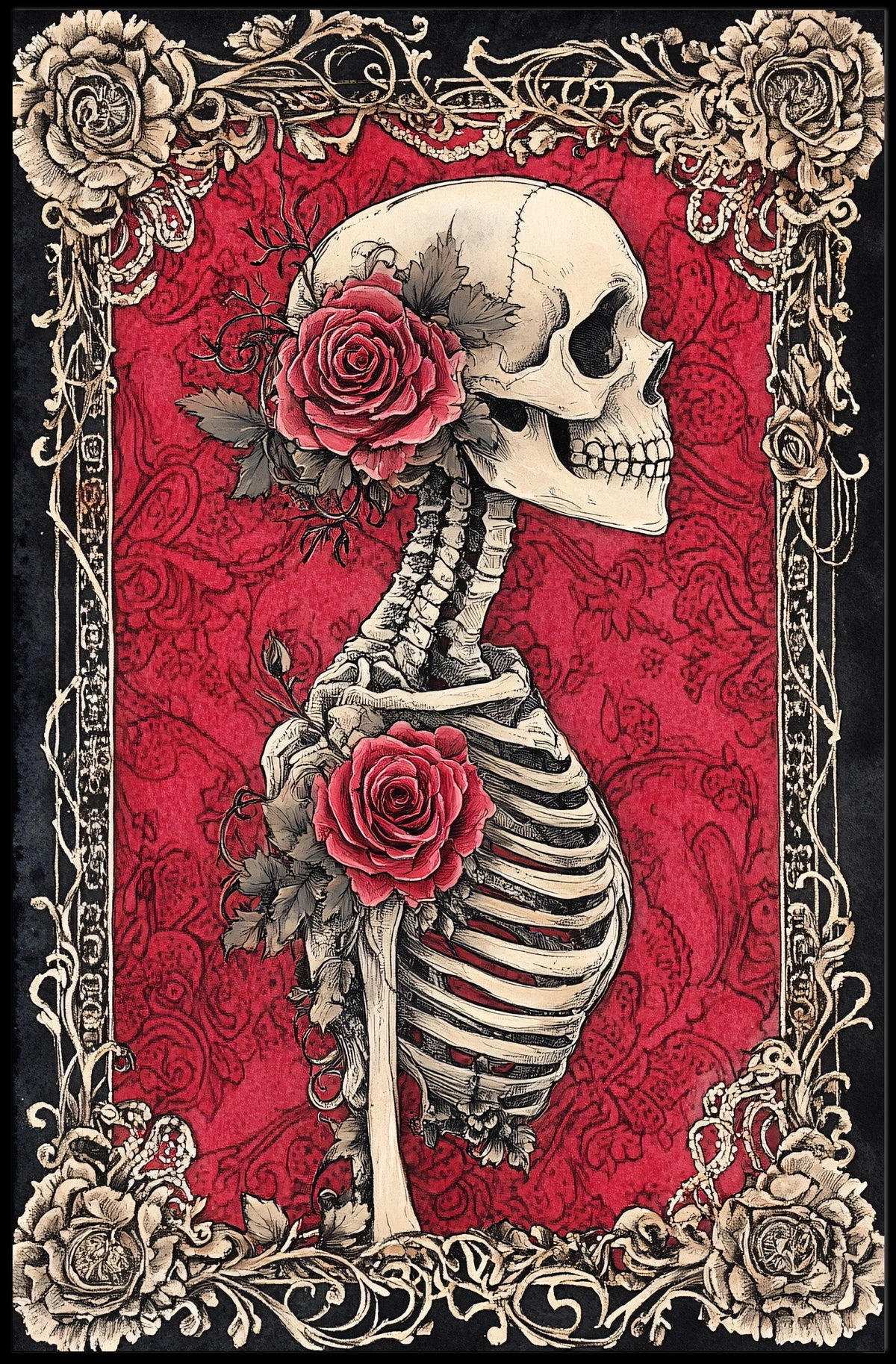 Skeleton with Red Roses - Abstract, Artistic, or Pop Culture Poster