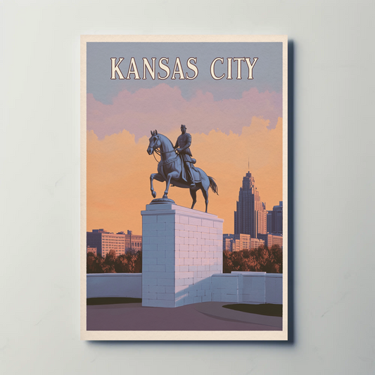 Kansas City Vintage Poster Sunset Statue