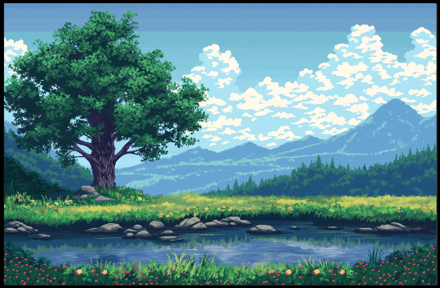 Serene Pixel Art Meadow with Tree and Pond