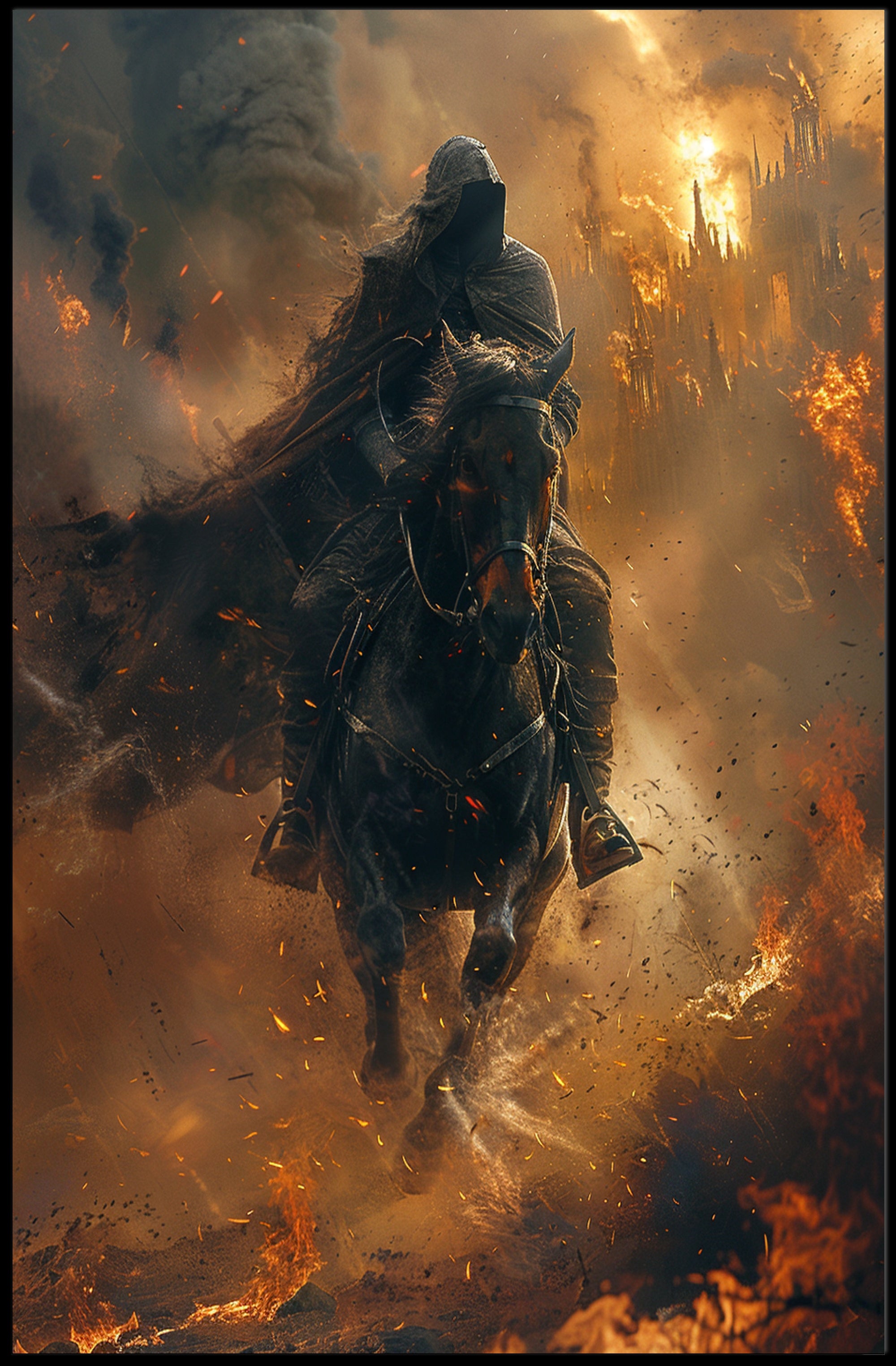 Epic Hooded Rider in Fiery Cityscape Fantasy Poster PosterGoat