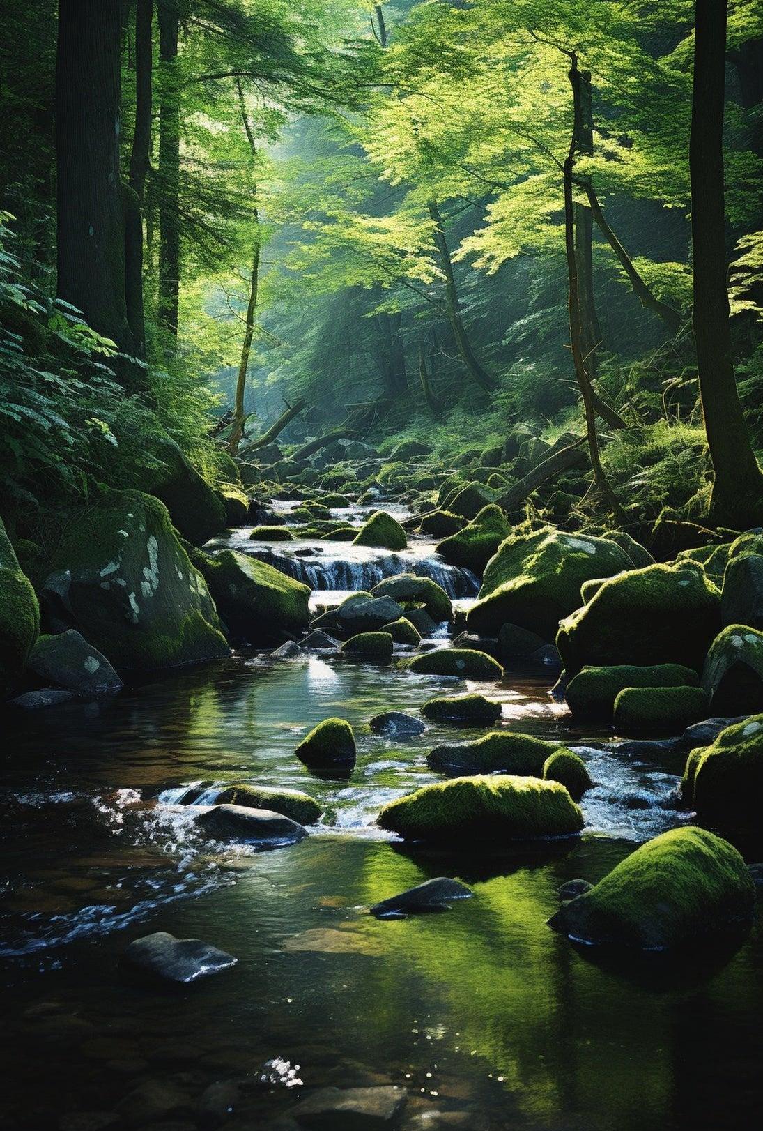 Serene Forest Stream Scene in National Park Poster