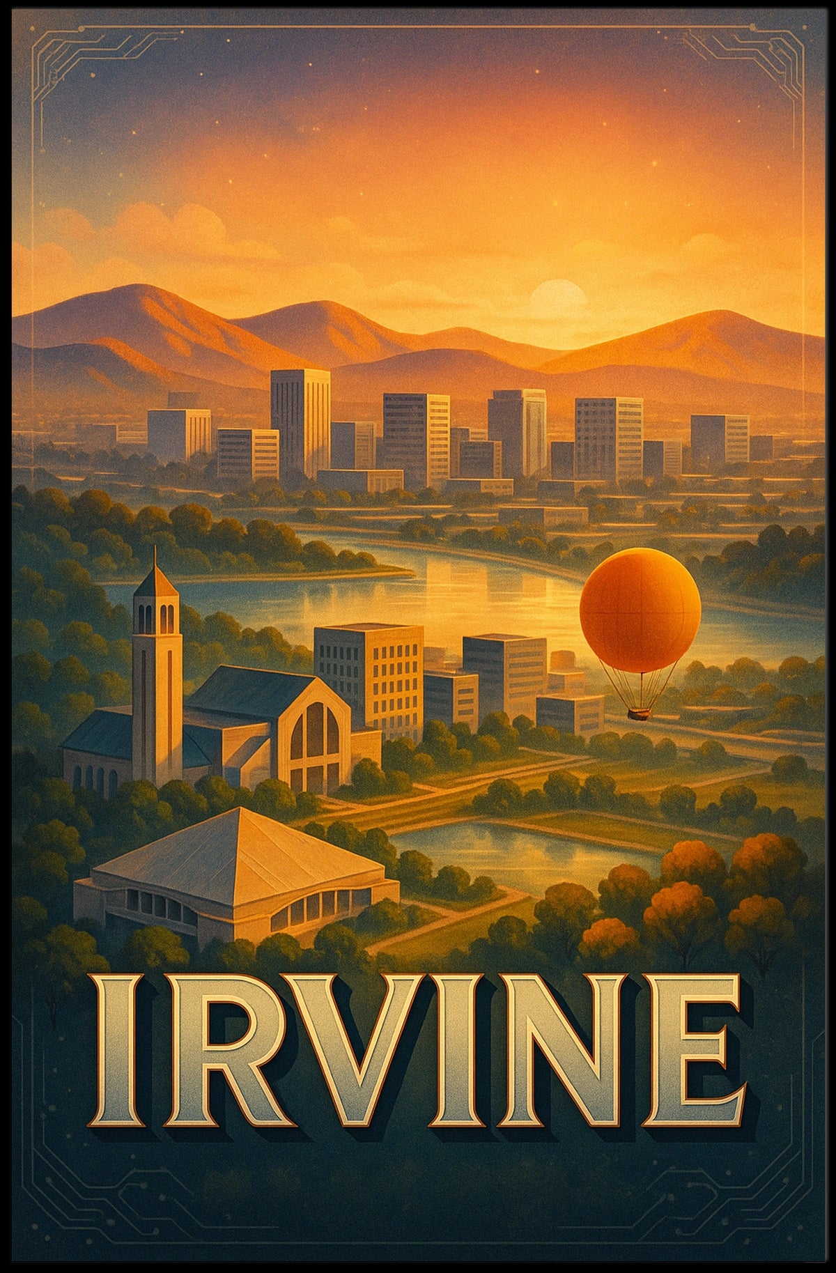 Irvine Scenic View Hot Air Balloon City Skyline Mountains Poster