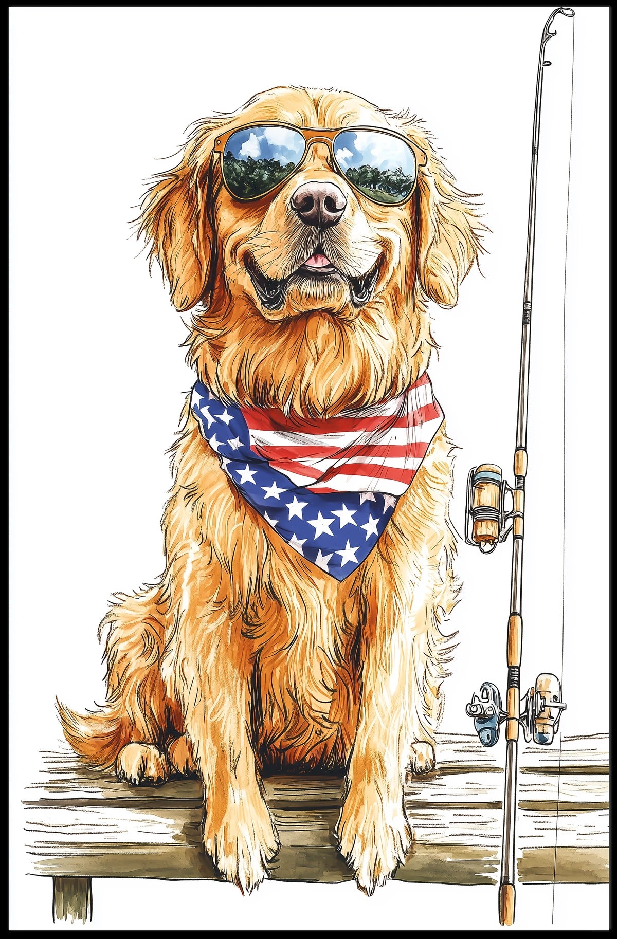 Golden Retriever Fishing With Sunglasses Bandana Poster