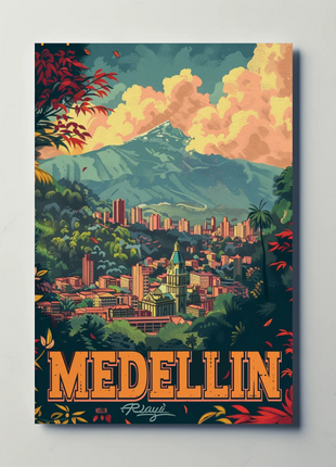Medellin Colombia Skyline Mountains Sunset Forest View Travel Poster