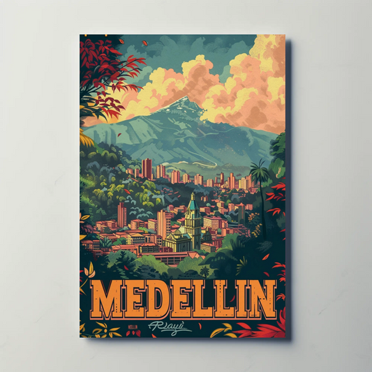 Medellin Colombia Skyline Mountains Sunset Forest View Travel Poster
