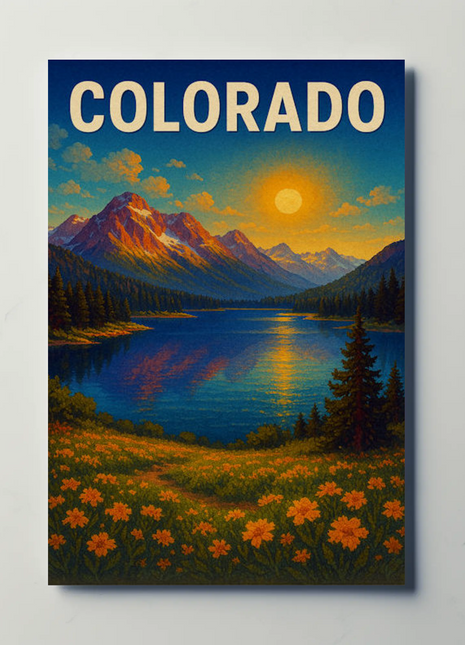 Colorado Sunset Mountain Lake Wildflower Travel Poster