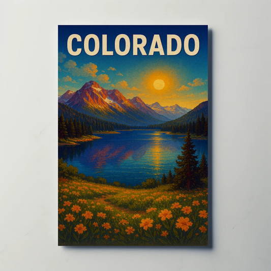 Colorado Sunset Mountain Lake Wildflower Travel Poster