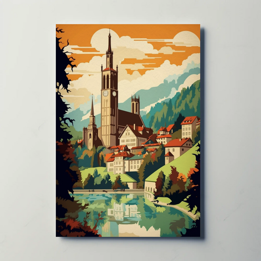 Alpine Village Church Tower Mountain View Travel Poster