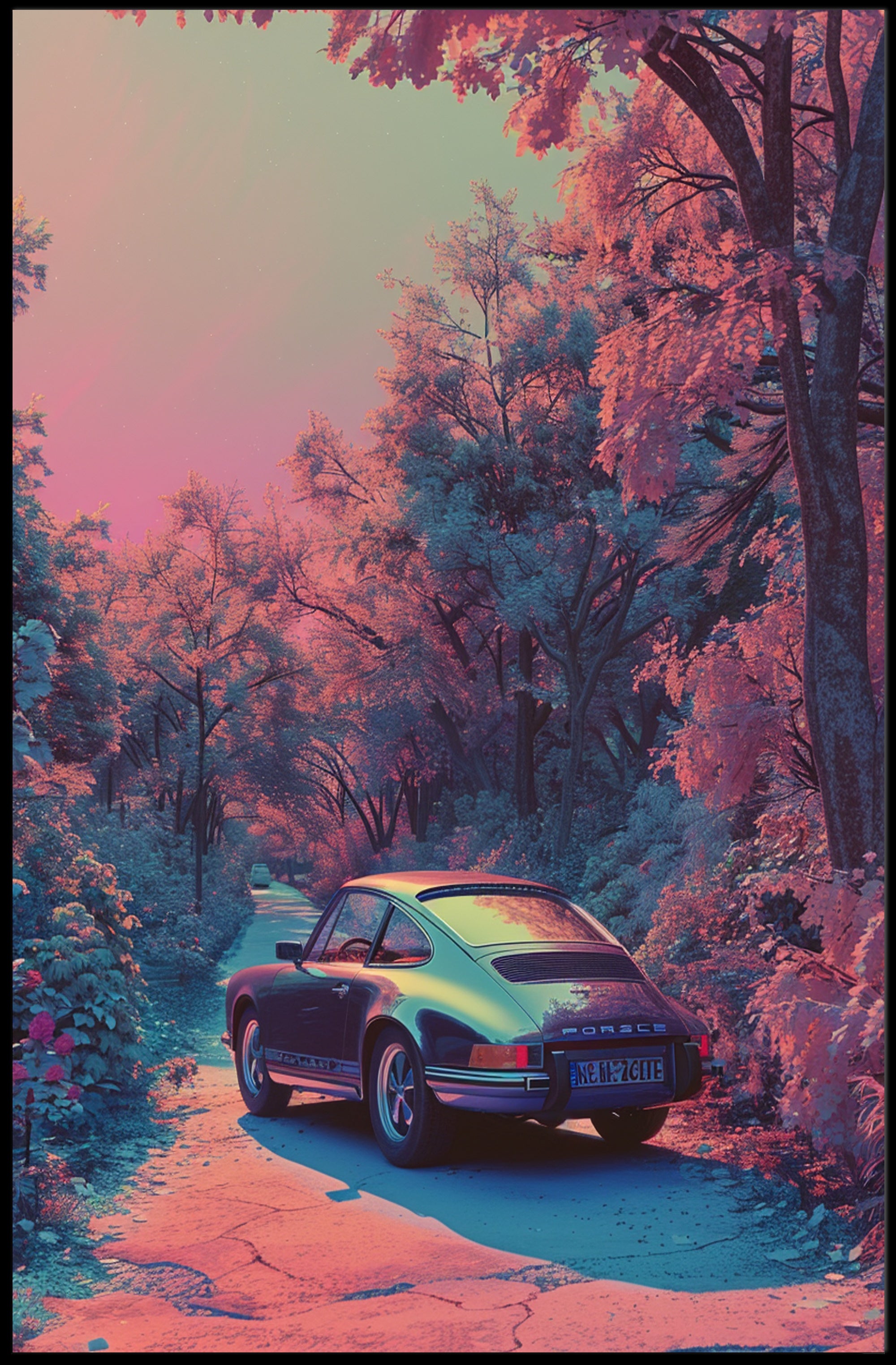 Dreamy Drive Through a Neon Forest Poster Art Print PosterGoat