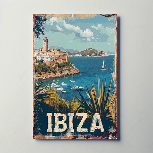 Ibiza Cliffside Town and Sailing Bay Travel Poster