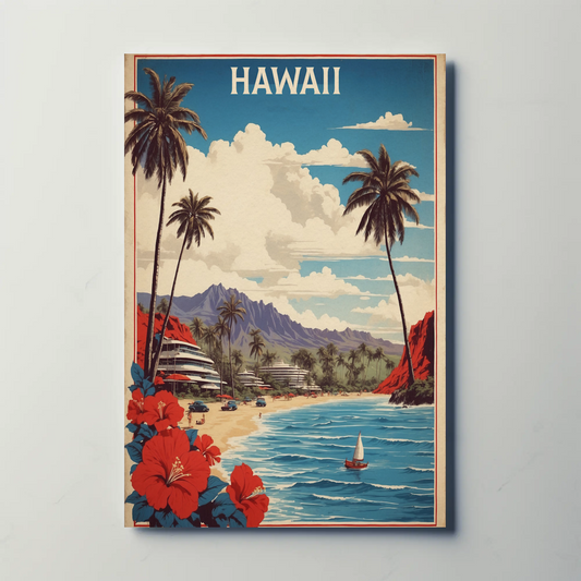 Hawaii Beach Resort Hibiscus Vintage Travel Poster