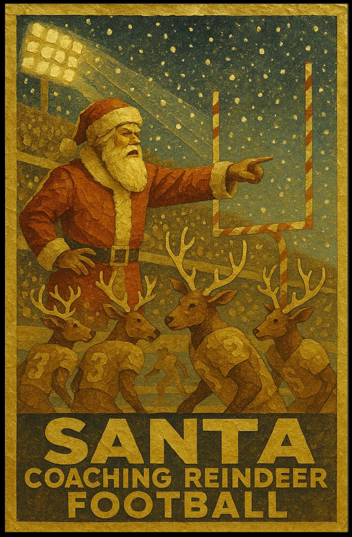 Santa Coaching Reindeer Football Poster