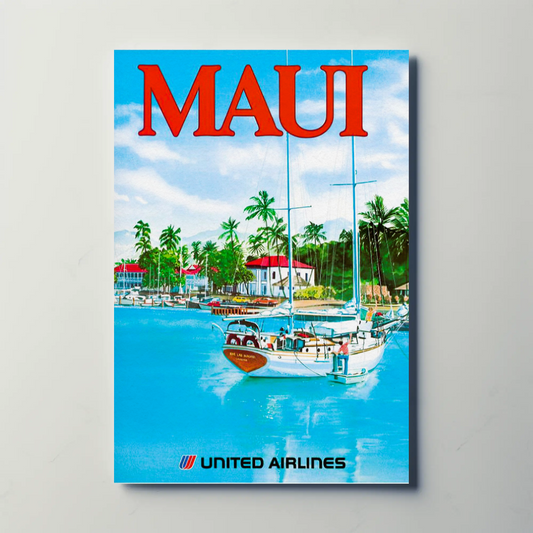 Maui Hawaii Harbor Sailboats Airlines Travel Poster