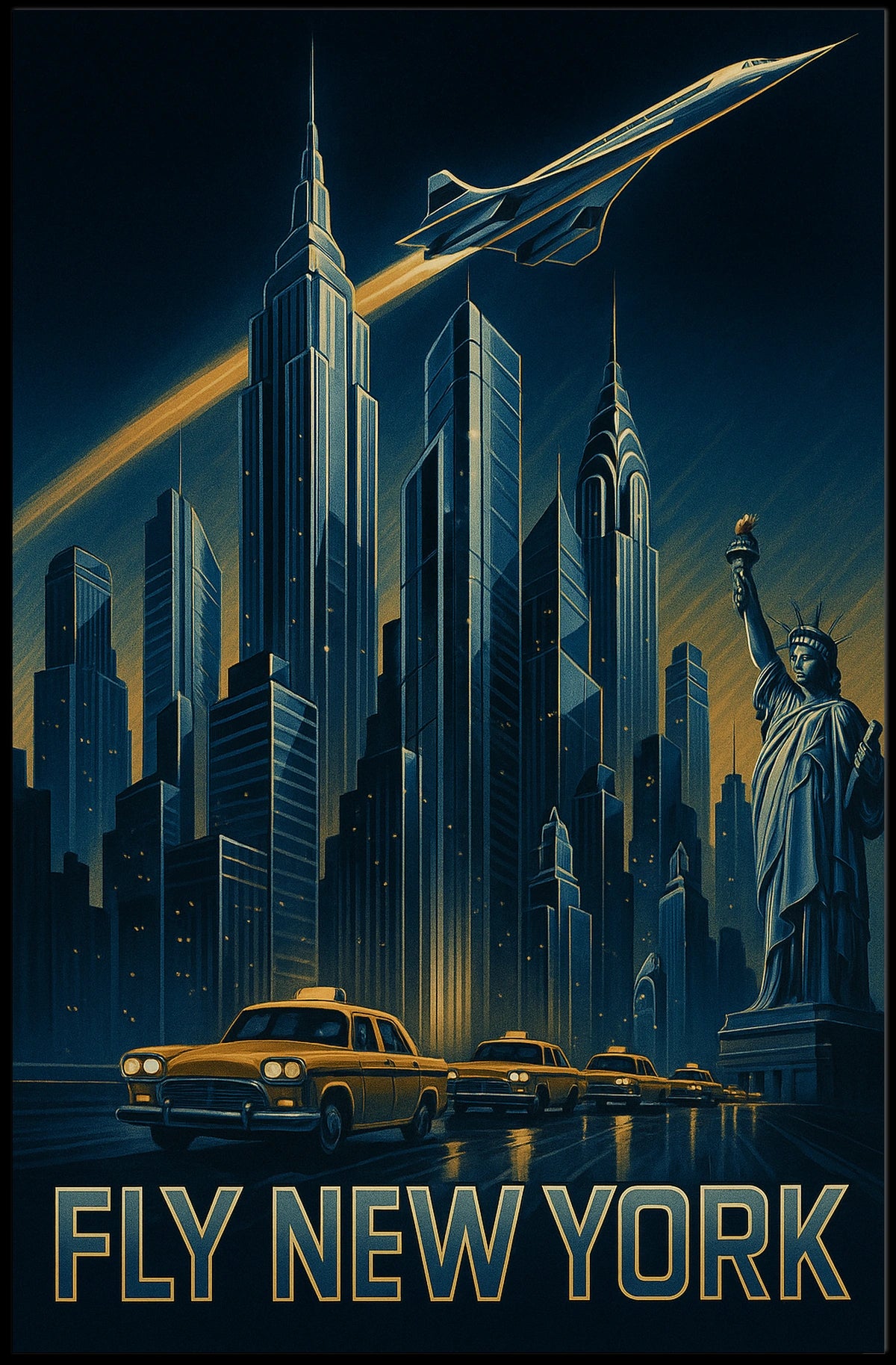 FLY NEW YORK: Nighttime Urban Cityscape Travel Poster