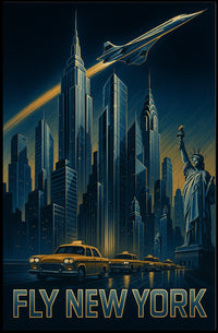 FLY NEW YORK: Nighttime Urban Cityscape Travel Poster