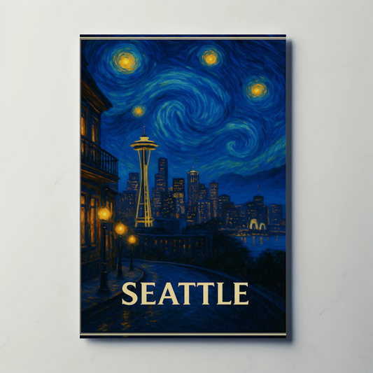 Seattle Space Needle Starry Night Skyline Glow Travel Poster
