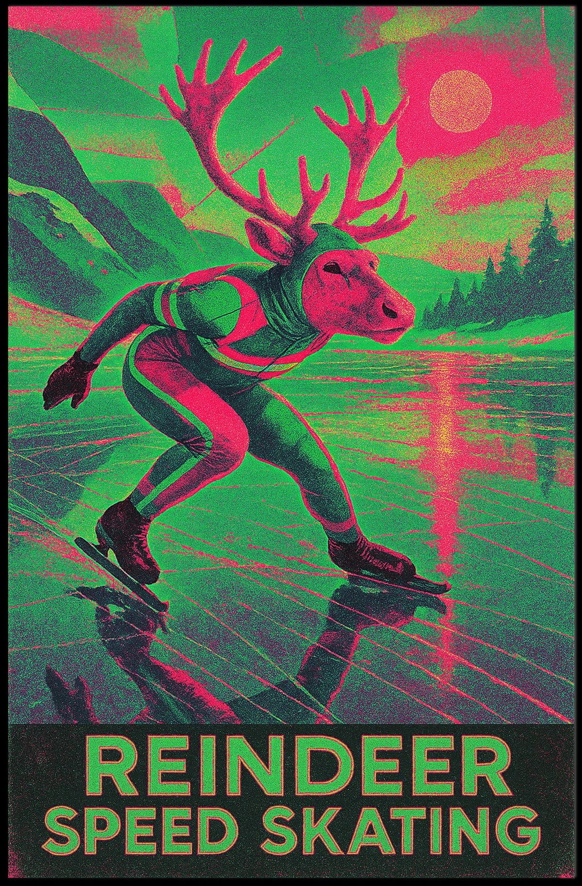 Reindeer Speed Skating Whimsical Winter Art Poster