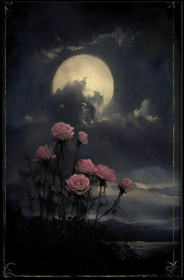Moonlit Roses Under Night Sky: Space or Astronomy Poster PosterGoat