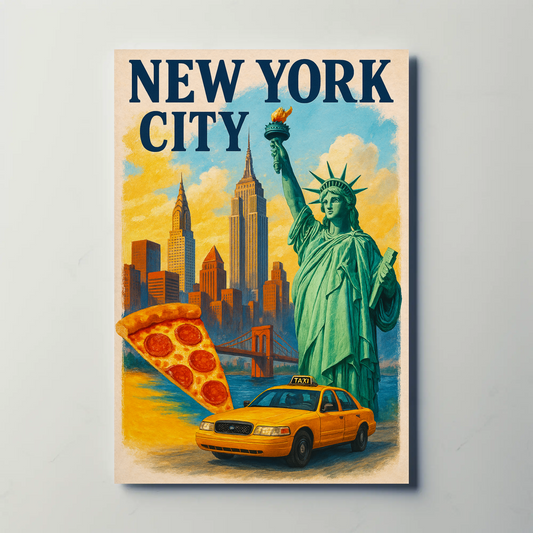 New York City Pizza Taxi Skyline Vintage Travel Poster