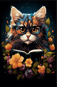 Whimsical Cat Glasses Poster with Vibrant Flowers
