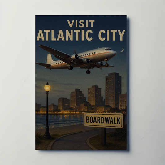 Visit Atlantic City Boardwalk Skyline Flight Travel Poster