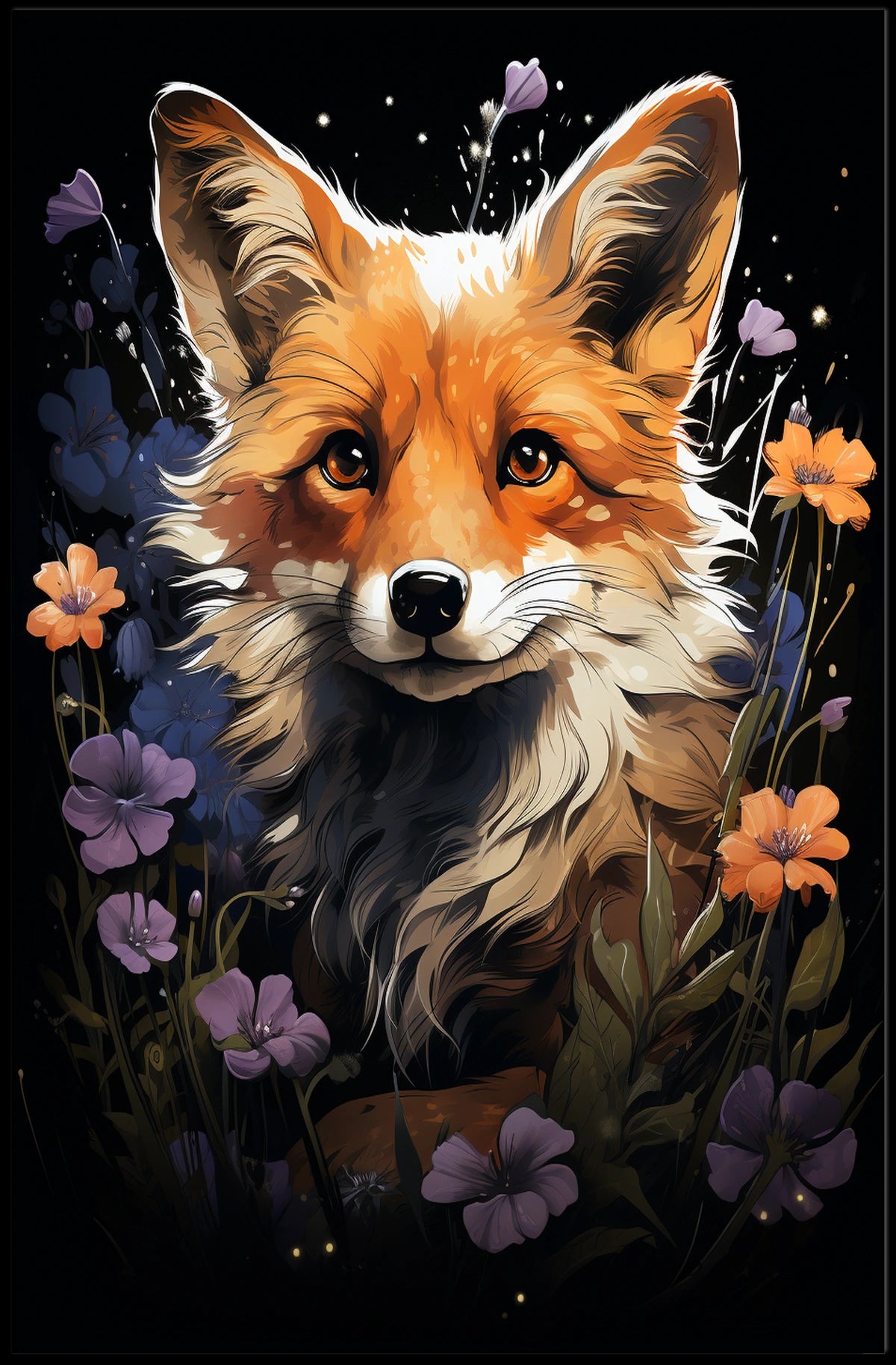 Enchanted Fox and Floral Night Art Poster