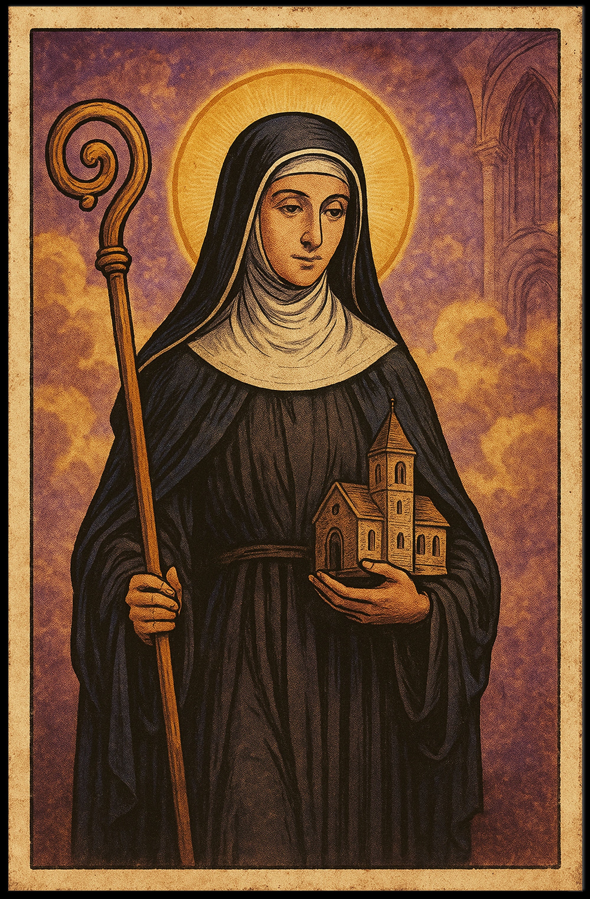 Saintly Figure with Church Poster PosterGoat