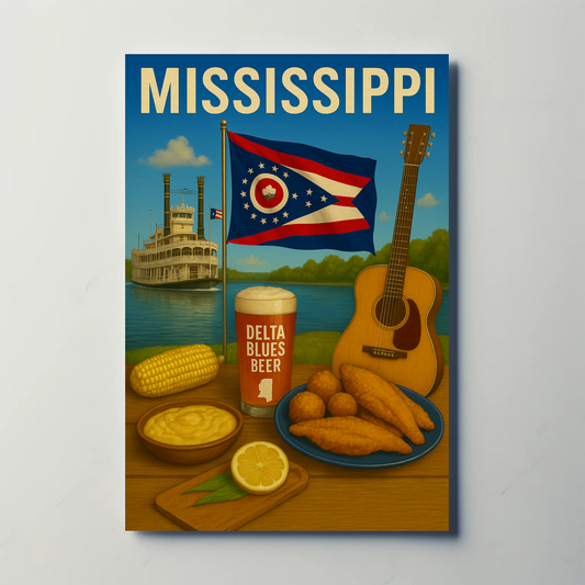 Mississippi River Guitar Beer Catfish Corn Flag Travel Poster