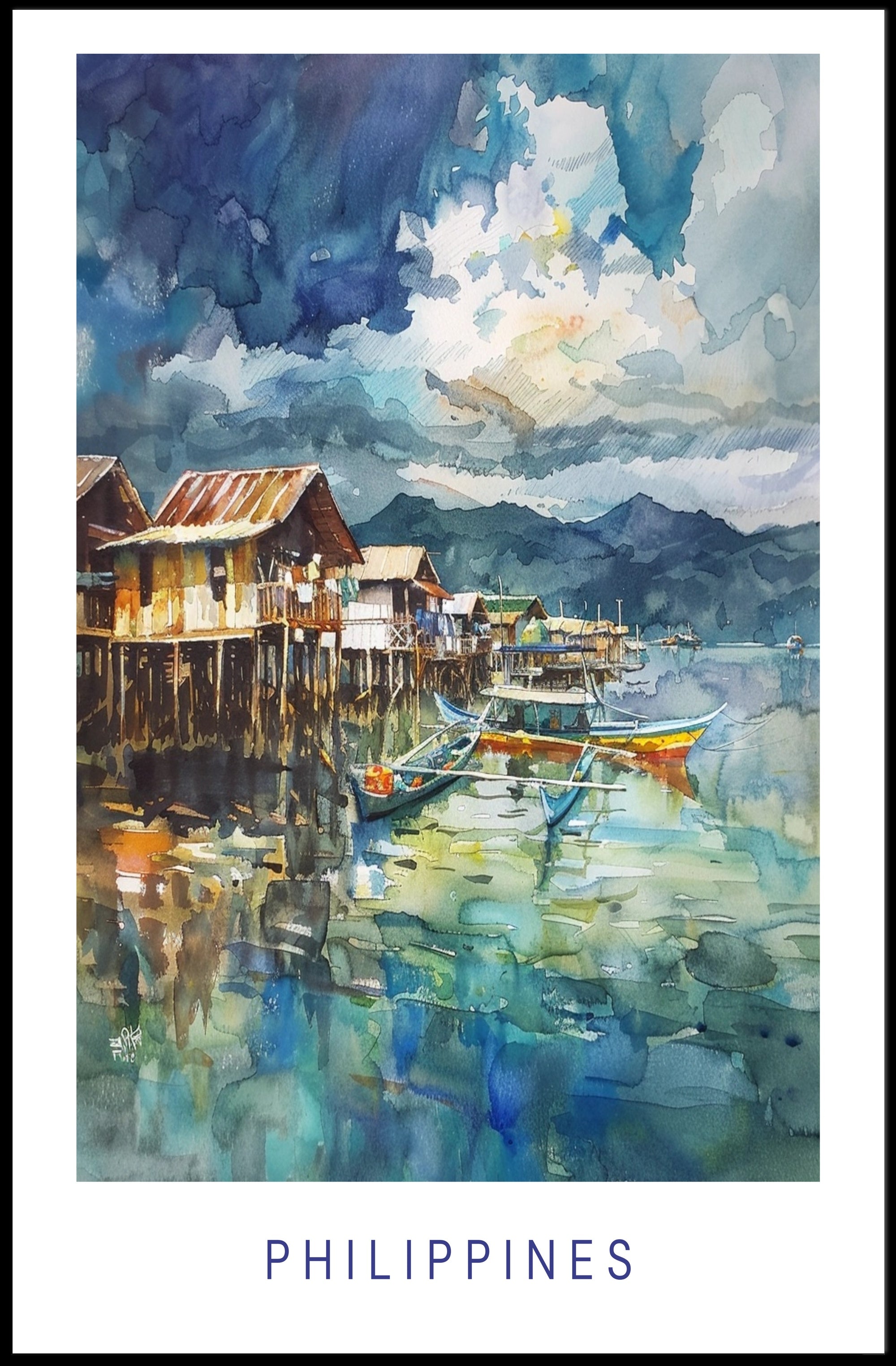 Tranquil Philippine Coastal Scene Watercolor Travel Poster PosterGoat