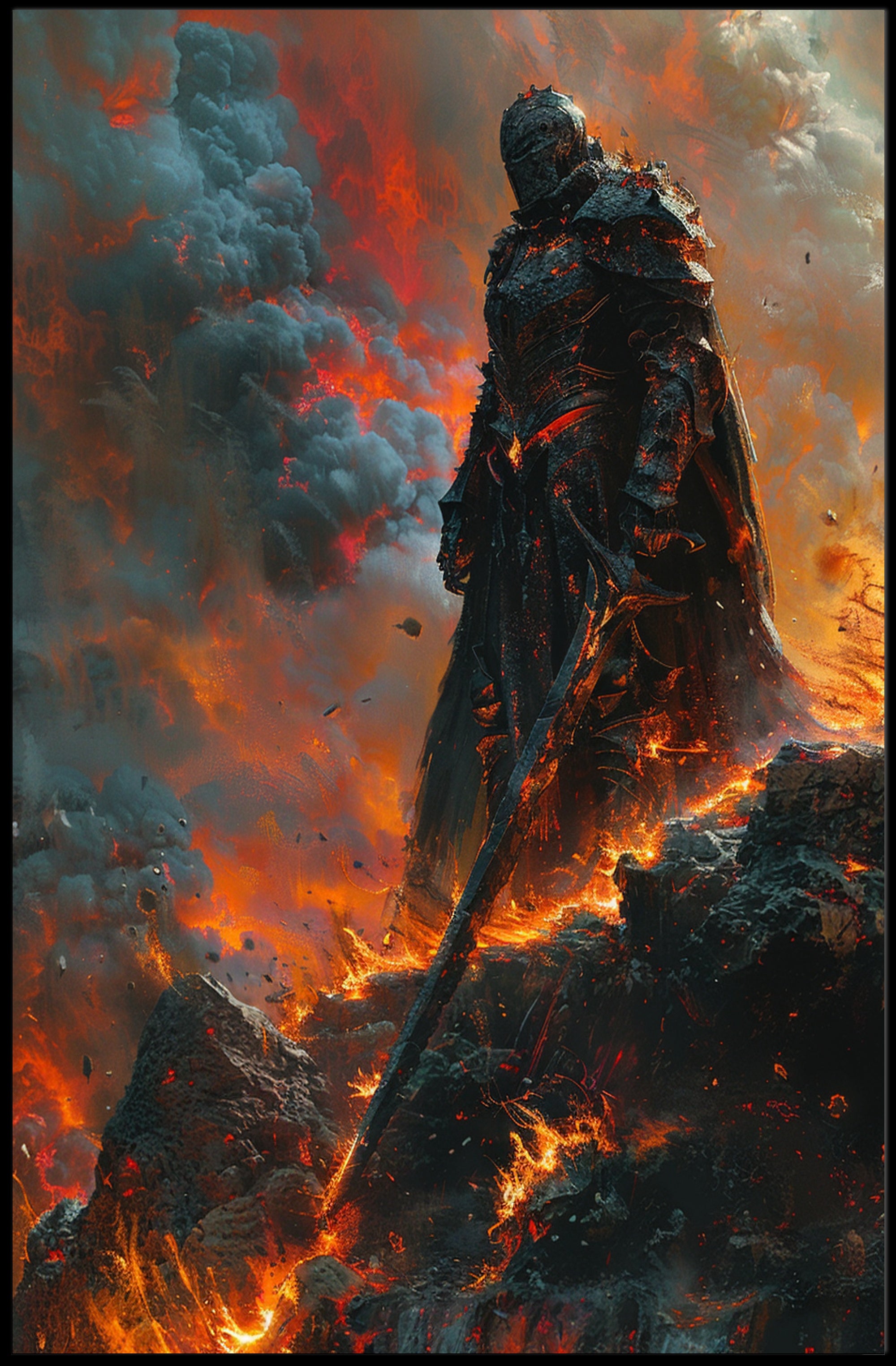 Dramatic Armored Warrior in Fiery Landscape Fantasy Poster PosterGoat