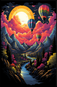 Vibrant Surreal Landscape Poster with Hot Air Balloons